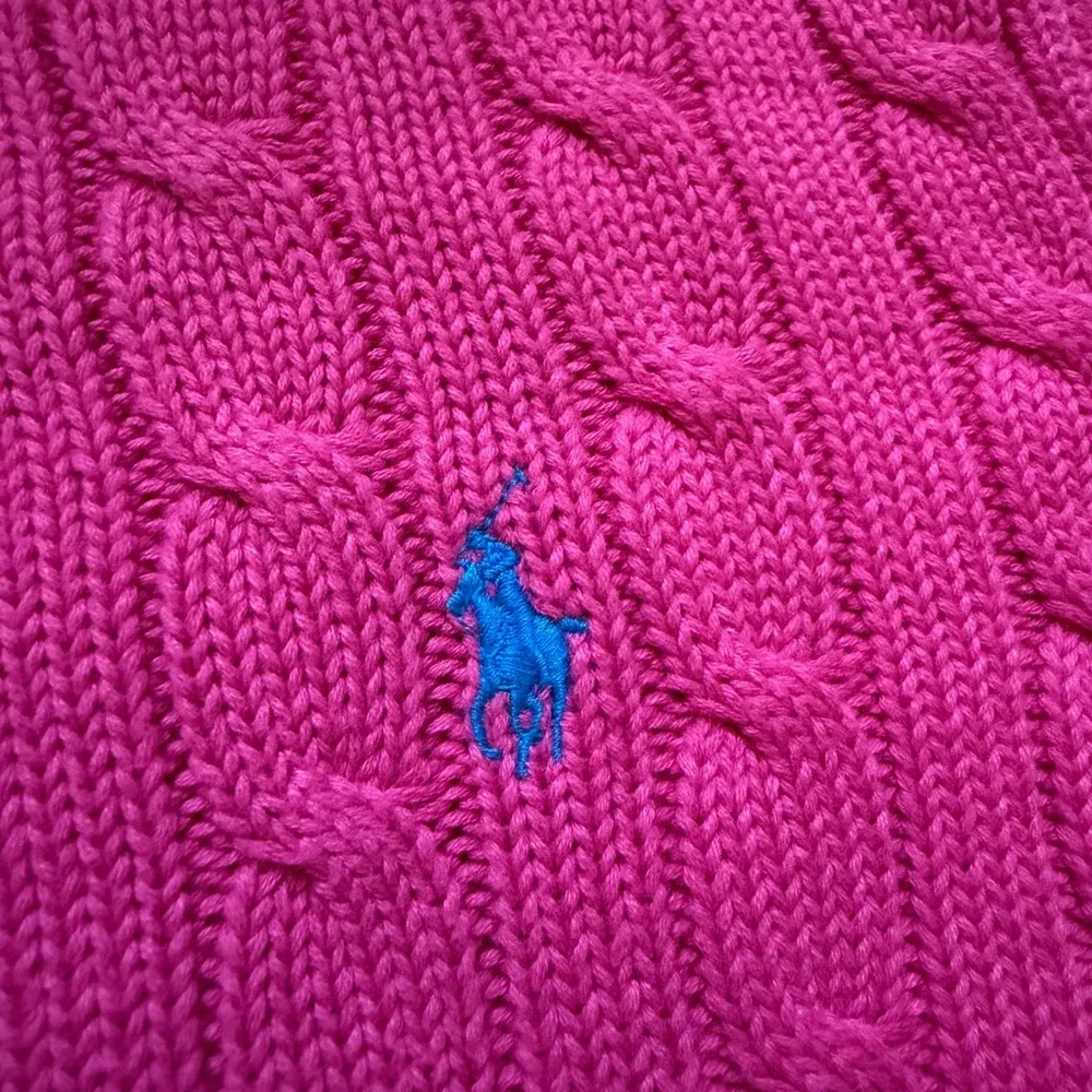 Vintage Ralph Lauren Mens XL Pink Cable Knit Cotton Crewneck Sweater Blue Pony